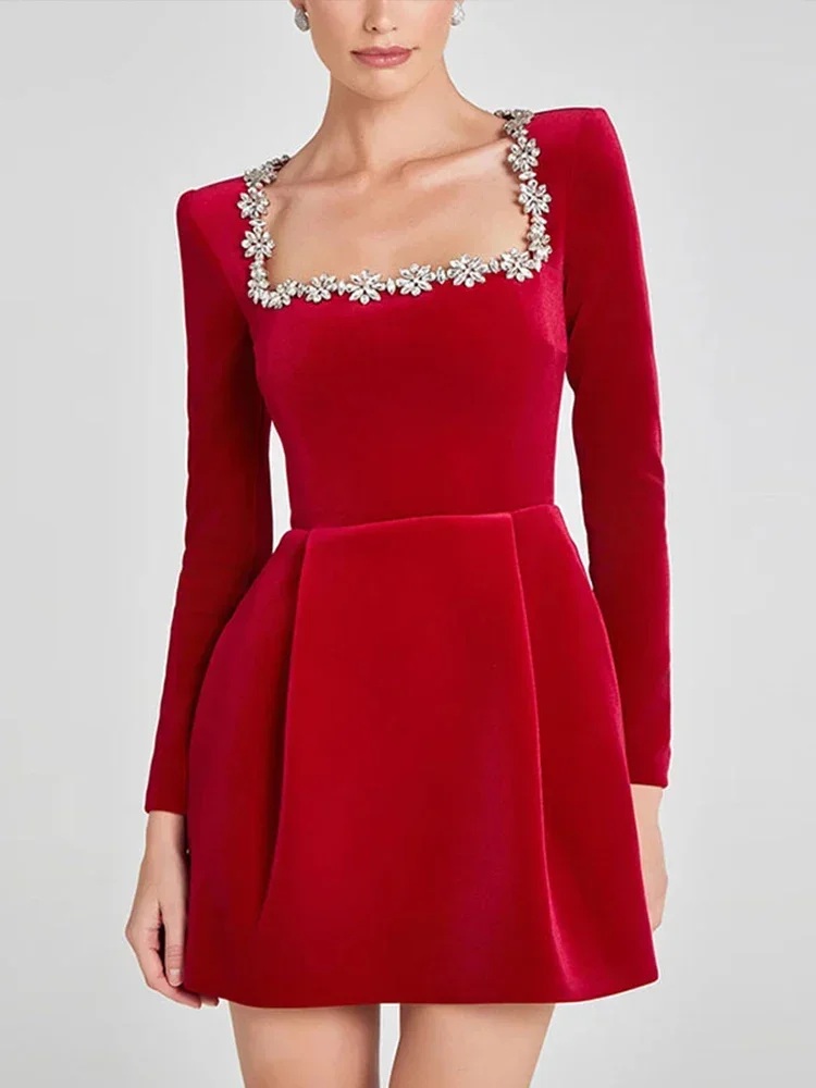 Elegant Red Velvet Women's Dress Slim Diamond Setting Square Collar Long Sleeve Mini Dresses Female Winter New Year Lady Robe