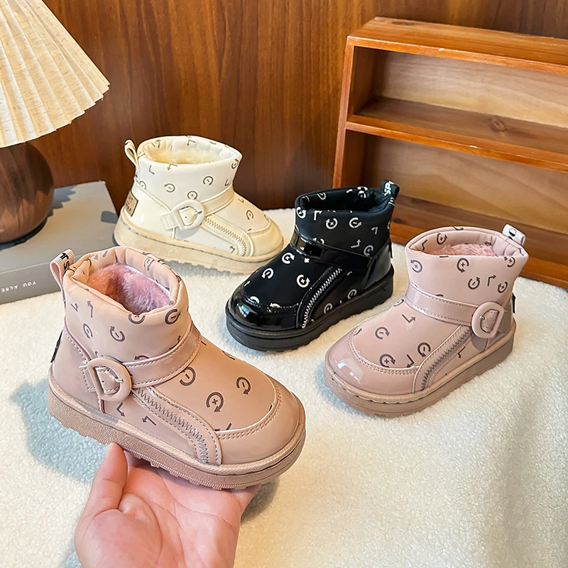 

Boys Girls Short Boots Waterproof Soft Bottom Kids Snow Boots Round Toes Versatile 2025 Winter New Children Ankle Boots Non-slip