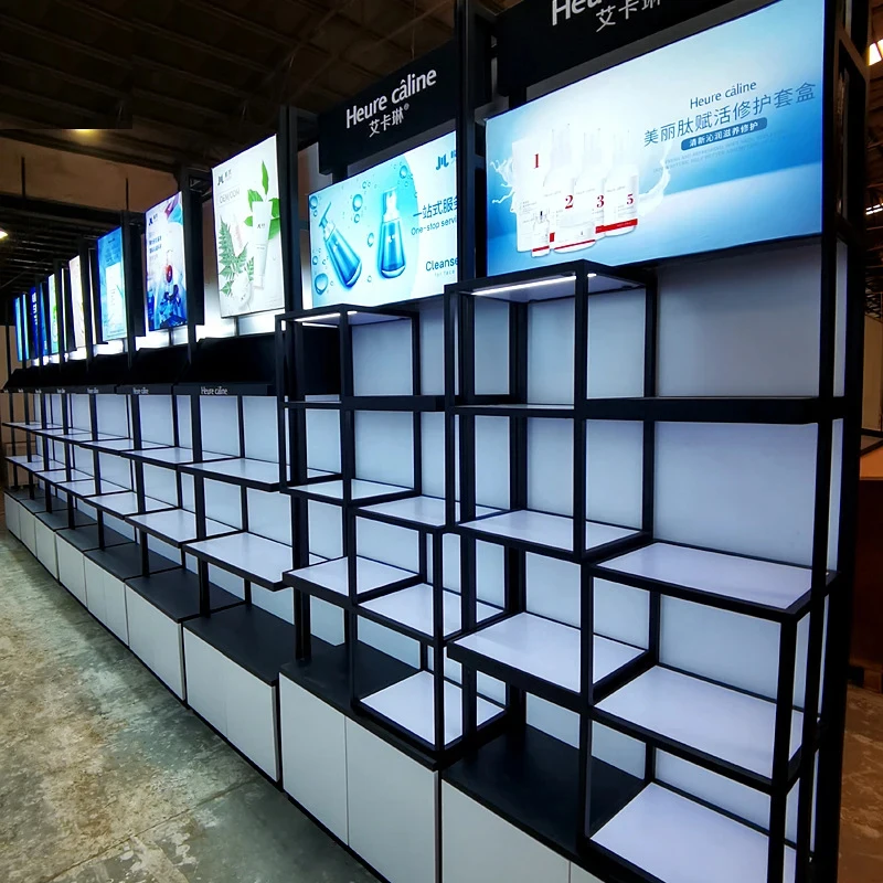 custom.Premium Custom LED Lighting Display Cabinet Cosmetics Skincare Durable Iron Wood Solid Back Easy Clean Baking Paint Whole