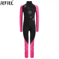 Kids Girls Figure Skating Gymnastics Jumpsuit Long Sleeve Sparkly Rhinestone Ballet Dance Bodysuit Stage Performance Dancewear