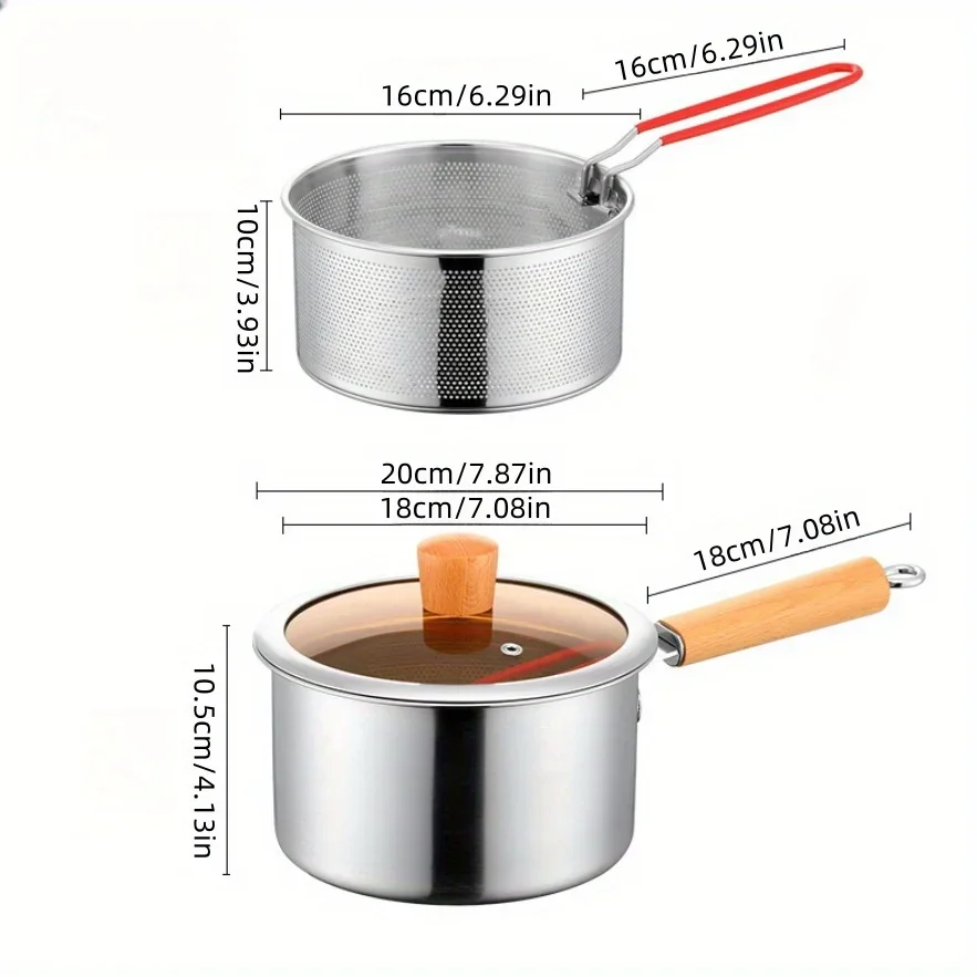 Stainless Steel Multi-Purpose Cookware Set with Frying Basket And Glass Lid - 304 SUS Non-Stick Saucepan, Deep Fryer, Milk Pan view 4