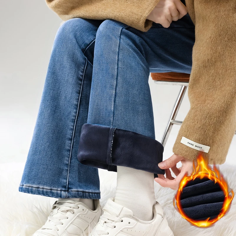 الشتاء المرأة الدافئة الصوف الجينز خمر سليم مضيئة السراويل مرونة الأزياء الكورية الإناث أفخم المخملية الحرارية سراويل جينز #3