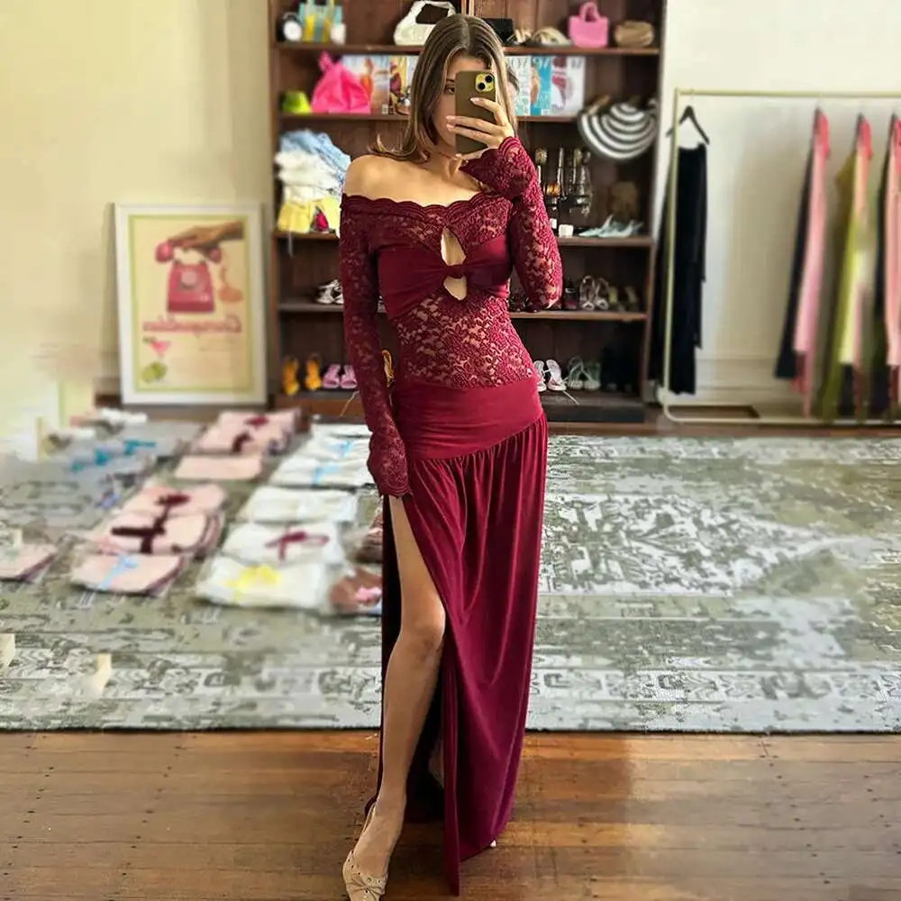 

New 2025 Summer Hot Selling One Collar Lace Long Skirt Sexy High Slit Folded Dress for Women Summer Dress Robe Vestido Women