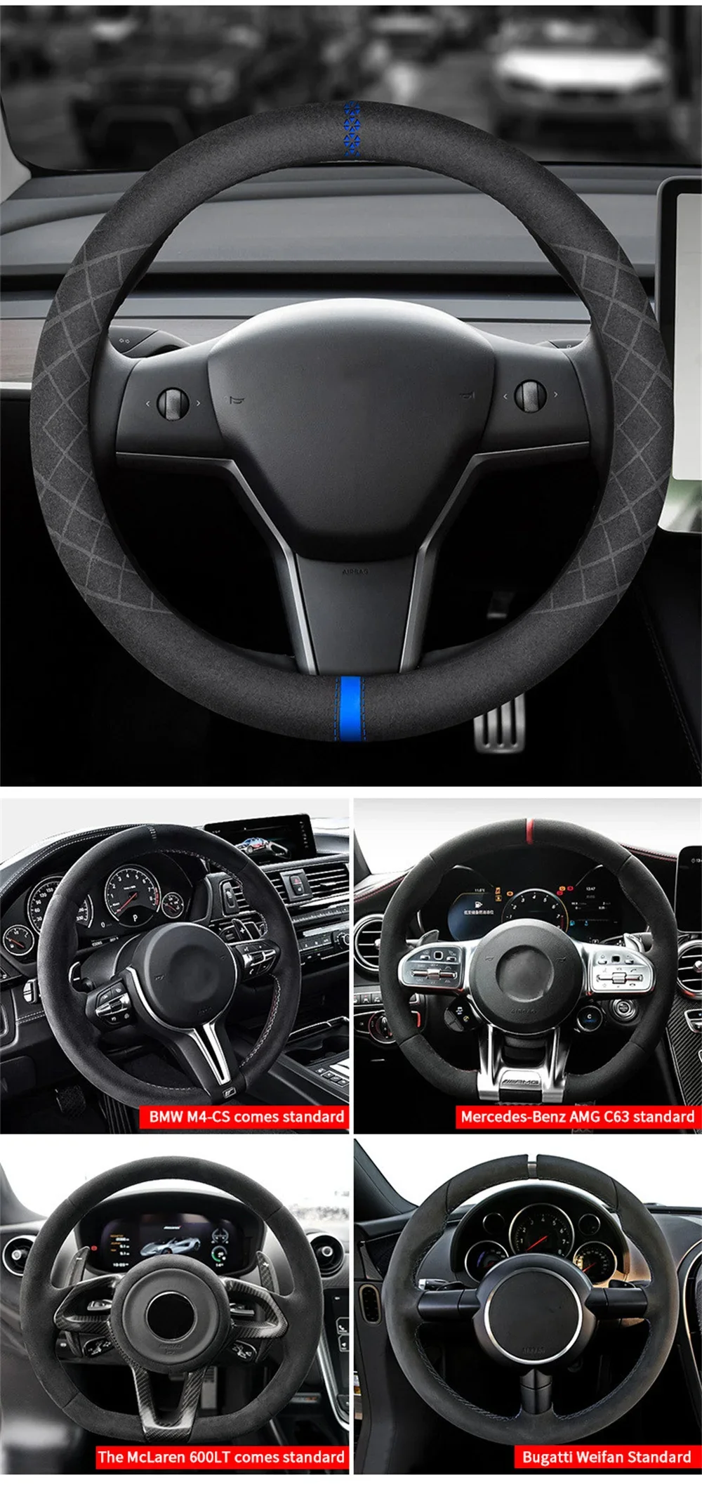 Auto-Lenkradbezug aus Wildleder, 38 cm, rutschfest, atmungsaktiv, universell einsetzbar, Kalibrierungsmarkierung, Autozubehör für Tesla. – Detail 13