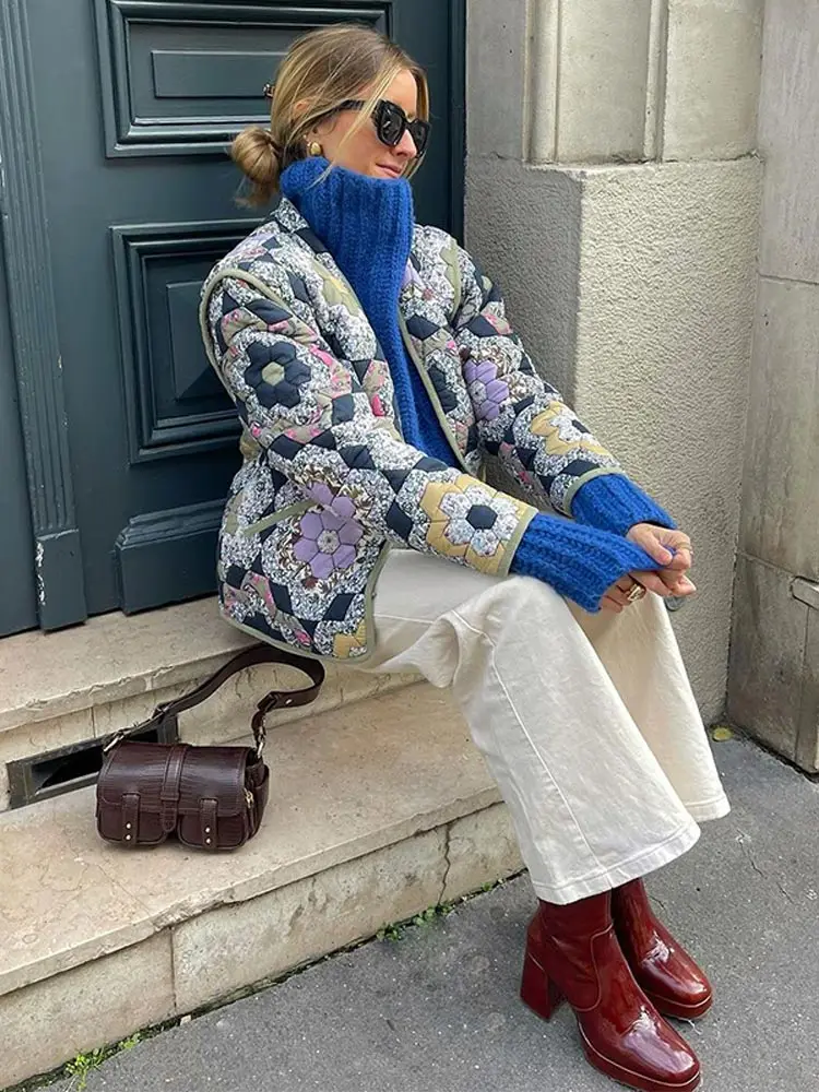 Abrigo de algodón con estampado Floral para mujer, chaqueta corta holgada de manga larga con bolsillos, cuello en v, estilo Retro, ropa de calle