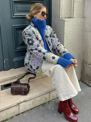 Abrigo de algodón con estampado Floral para mujer, chaqueta corta holgada de manga larga con bolsillos, cuello en v, estilo Retro, ropa de calle alta, otoño e invierno, 2024