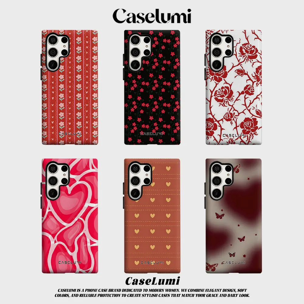 Red Floral Stripes For Samsung Galaxy Phone Case S23 S20 S25 FE S24 Plus S26 Ultra 2-IN-1 Shockproof Bumper Hard PC
