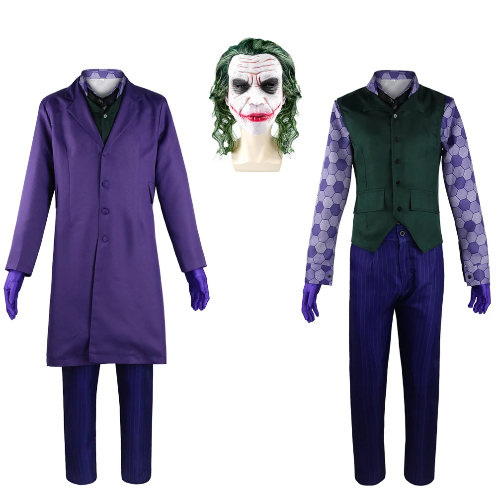 

Movie Dark Knight Clown Cosplay Costume Adult Purple Uniform Full Set Heath Ledger Clown Role Play Suit Halloween Carnival Party