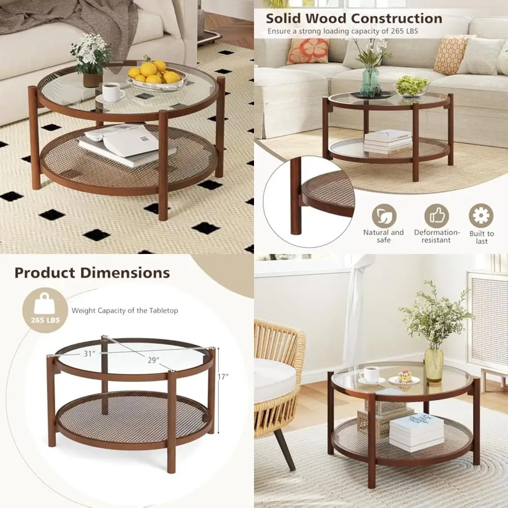 Mesa de centro de ratán estilo Boho con estructura de madera maciza, tapa de vidrio templado y estante de almacenamiento de ratán PE