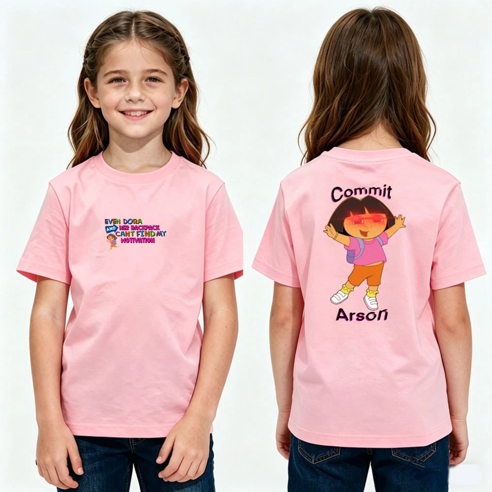 Even Dora Can't Find My Motivation Graphic TShirt Kids Cotton Short Sleeve Dora The Explorer Double Sided Meme Cartoon Shirt