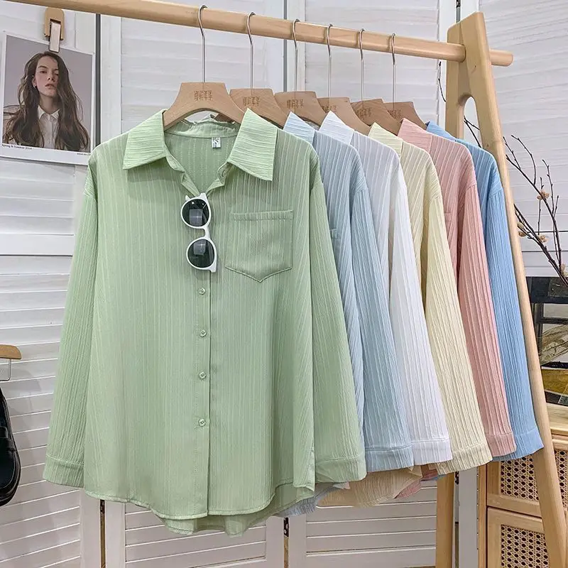 Long Sleeve Shirts Womens Striped Button Down Blouses Oversized Neutral Boyfriend Style Casual Autumn Comfortable Streetwear