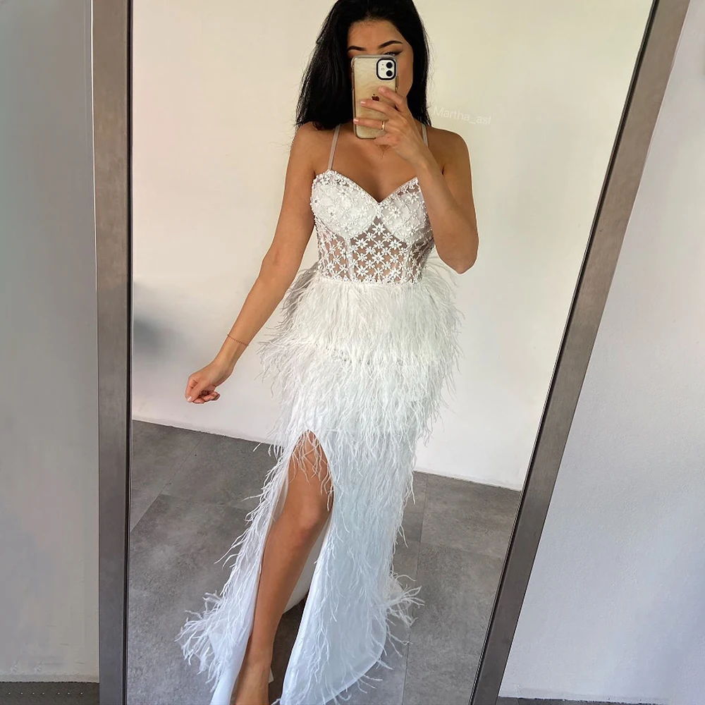 Scz120 Jancember Feathers Pink Mermaid Evening Dress 2024 Spaghetti Straps Side Slit Long Prom Dresses For Women Wedding