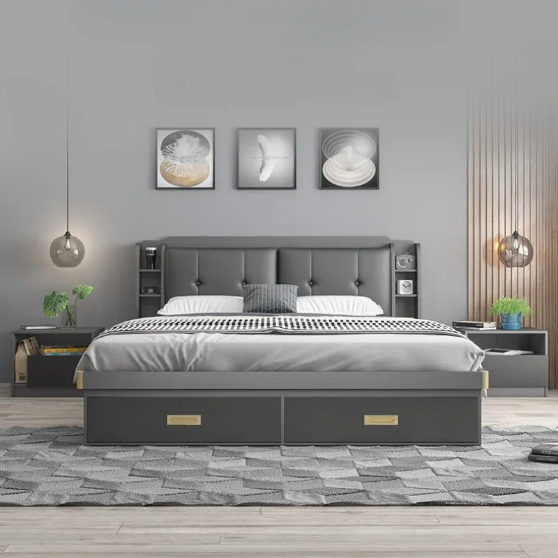 

Luxury Modern House Double Bed Frame Storage Drawers Queen Size Bed Adults Villa Cama Matrimonial Bedroom Set Furniture