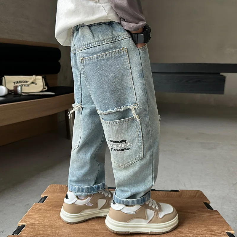 Spring Autumn Boys Ripped Hole Jeans High Quality Children Casual Pants Boy Kids Fashion Multi-Pocket Trousers Teen 2-11 Years