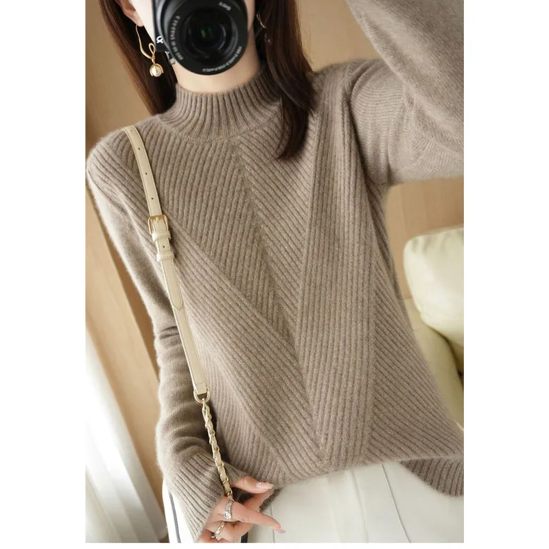 New Autumn and Winter Fashion Lazy Style Thickened Twill Half High Neck Loose Versatile Simple Slim Women's Knitted Sweater