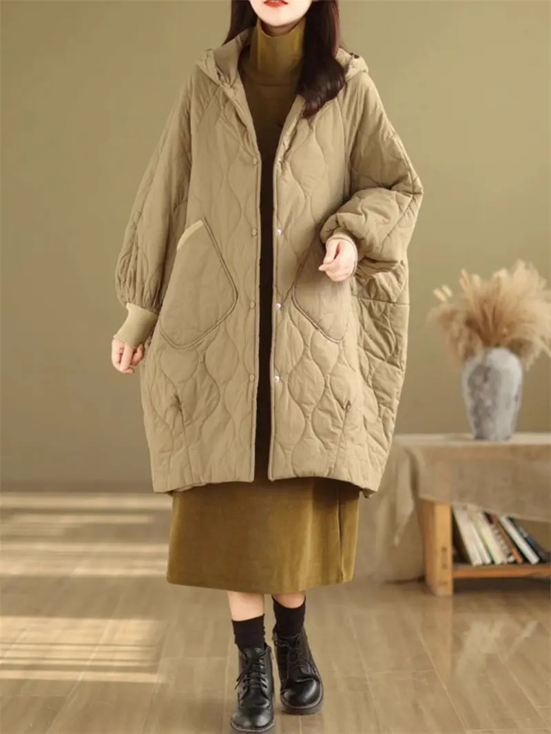 2023 Winter Oversized Mid length Down Cotton Coat Korean Edition Loose Hooded Warm Padded Jacket For Women Casual Overcoat Z4202