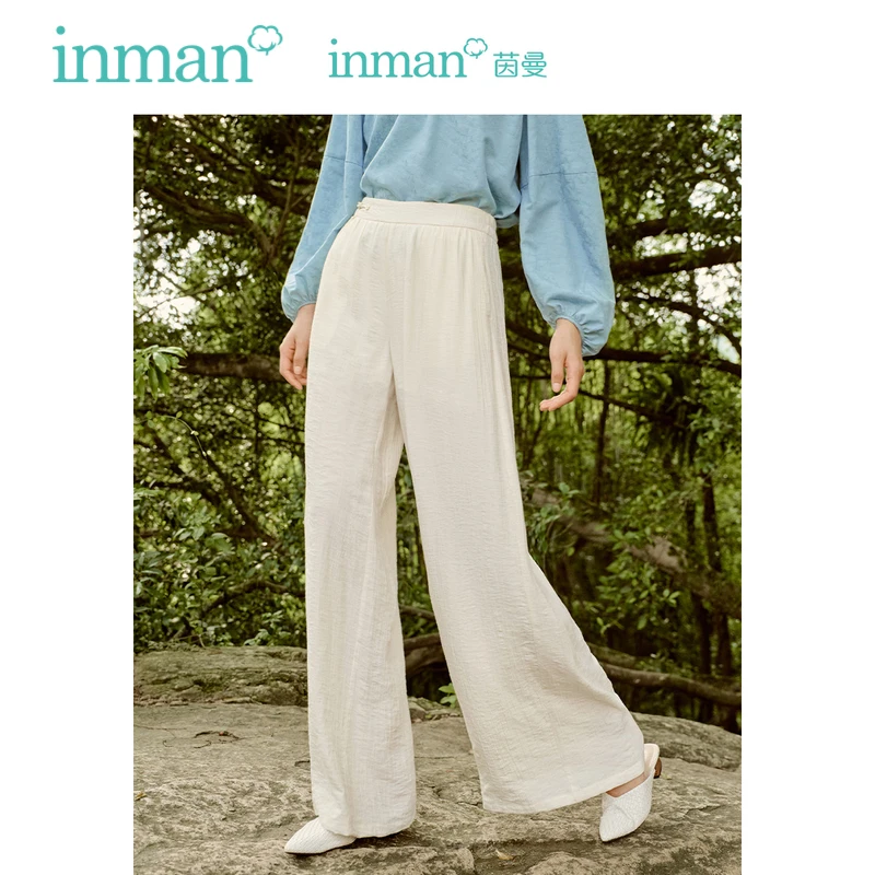 INMAN Women Pants 2023 Autumn Disc Buckle Waist Decoration Straight Loose Wide-leg Trousers Chinese Retro Apricot Casual Pant