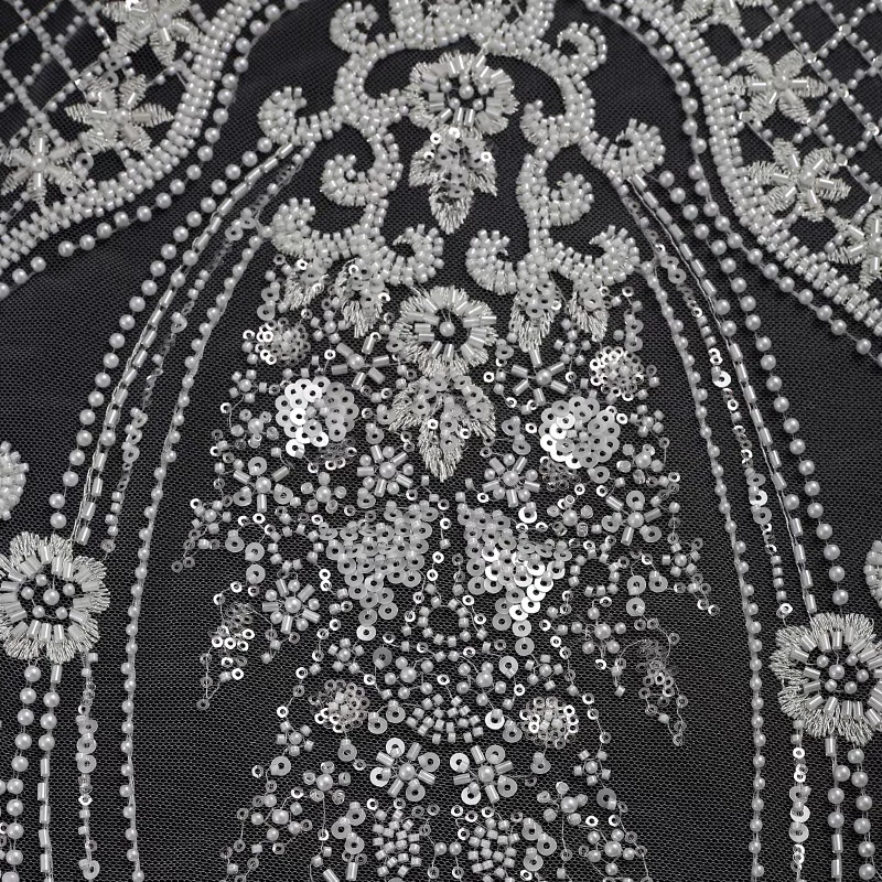 Ornate Delicate Pearls Lace Unique Pattern With Machine Beaded and Sparkling Sequins Fabric for Bridal Wedding Dress