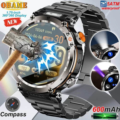 Reloj inteligente para exteriores de 5ATM para hombre, linterna LED de 600mAh, reloj inteligente con brújula, llamada Bluetooth, frecuencia cardíaca IP 68, reloj inteligente deportivo 2025 nuevo