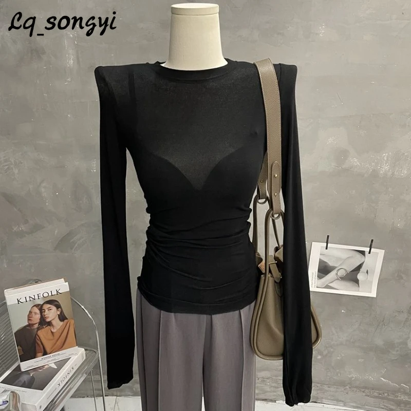 

Lq_songyi O Neck See-through T Shirts Basic Slim Fit T Shirts Women 2024 Spring High Strecth Top Solid Thin Long Sleeve T Shirt