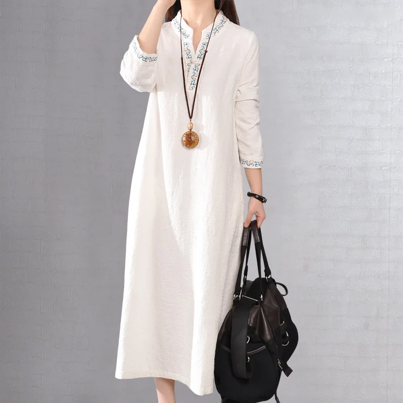 

Весна 2026: Новое поступление! Этническое хлопково-льняное платье для женщин в стиле ретро с вышивкой, длинное, с длинными рукавами, художественное, больших размеров.