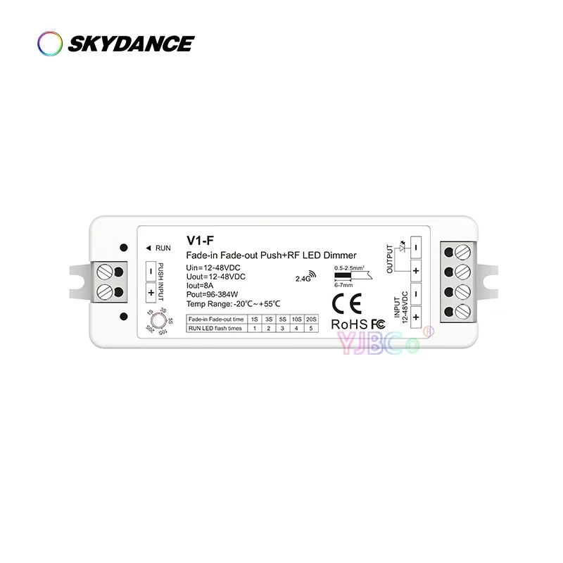 

Push Dim CV Fade-in Fade-out LED Dimmer V1-F 12V-48V 24V 1CH*8A 5 Fading Speed/Step-less Dimming For Single Color Strip Light