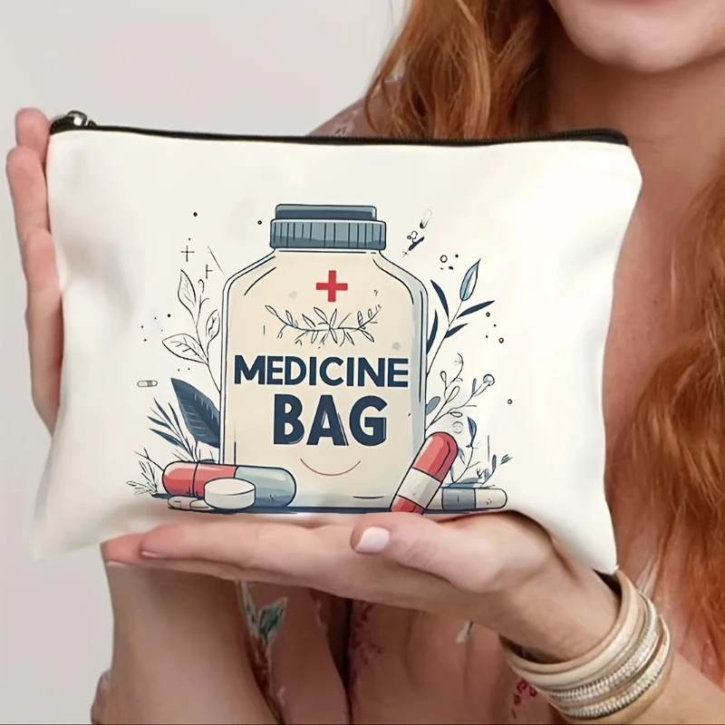 Canvas Medicine Bag, Casual Style, Beige Zipper Travel Bag, Ideal for Toiletries, Stationery Organizing, Ladies Handbag
