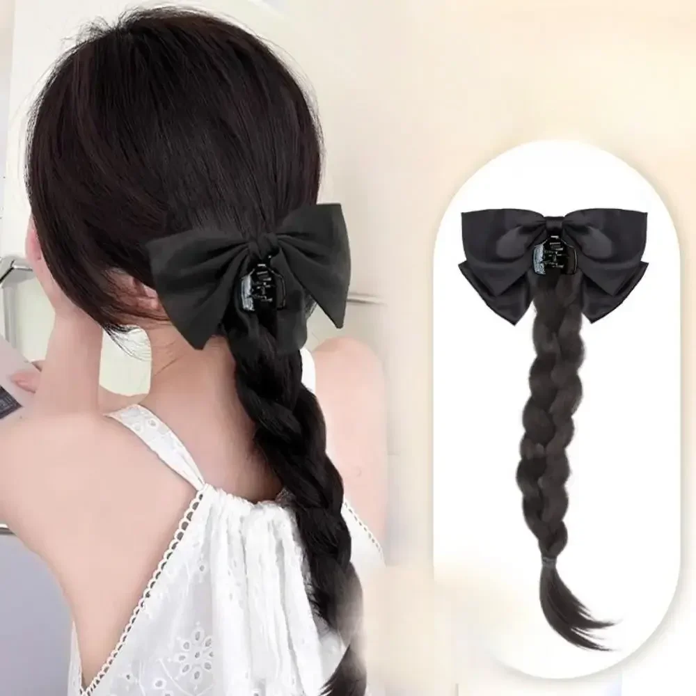 Synthetische Perücke Elegante schwarze Bownot Grip Clip Boxen Pferdeschwanz Perücke weibliche Simulation Braid Twists Haarverlängerungen