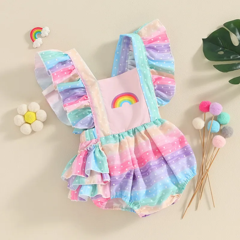 Baby Girls Bodysuit Summer Clothes 2024 Fly Sleeve Square Neck Rainbow Print Infant Bodysuit for Casual Daily