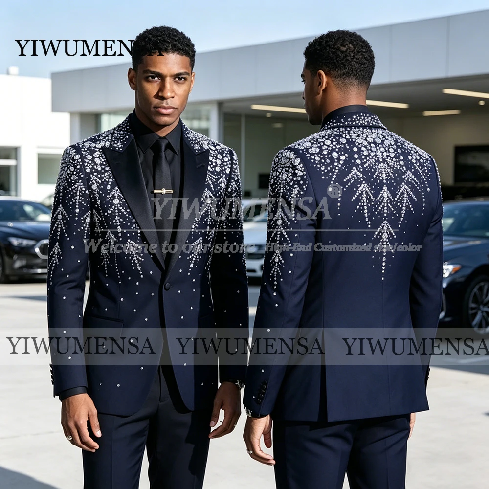 

Роскошные мужские костюмы Slim Fit с декоративными камнями, свадебные смокинги для жениха, 2-х предметные блестящие мужские пиджаки для выпускного вечера, индивидуальный пошив, trajes para hombre