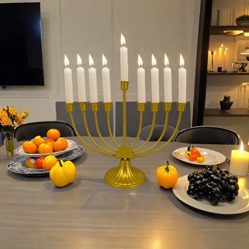 Hanukkah nine-headed candle holder Israeli holiday decoration multi-headed candle cup retro gold wrought iron candle holder