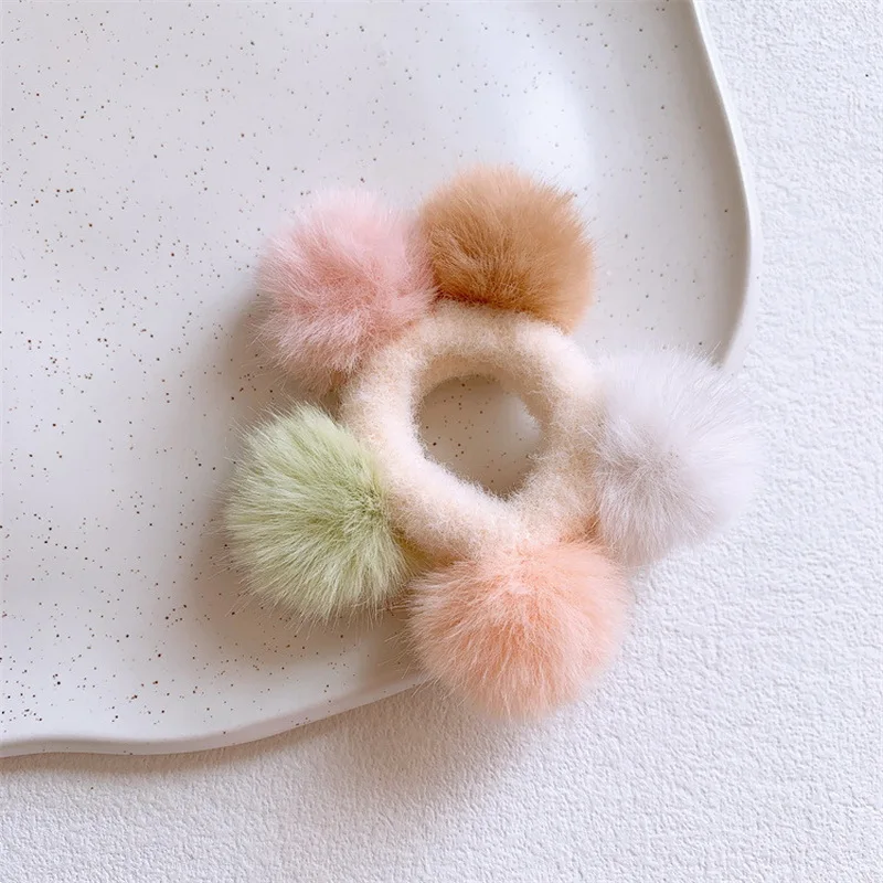 2024 Winter Cute Pompom Hair Tie For Kids Pink Plush Ball Hair Bands Girls Elastic Hair Rope Scrunchie Baby Hairbands headdress