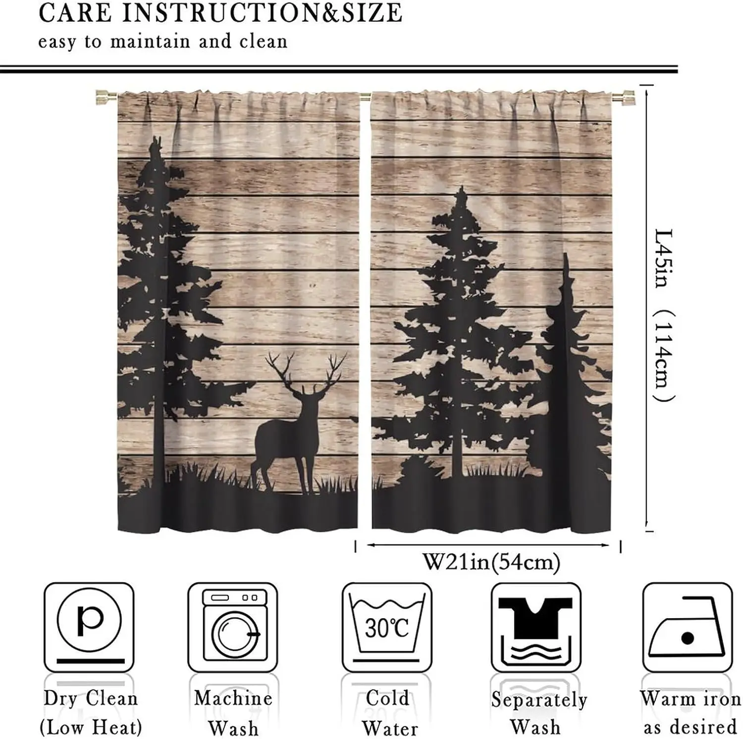 Rustic Deer Pine Tree Curtain Vintage Weathered Wood Plank Wildlife Silhouette Light Filter Drape For Bedroom Cabin Homestay