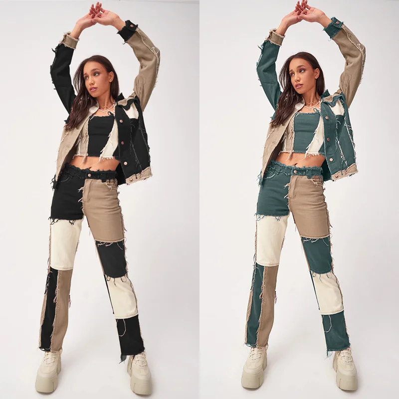 2025 Summer New European and American Trendy Mixed Color Splicing High Waist Tight Hip Women's Straight Cowboy Pants