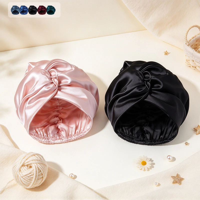 Twisted Knot Satin Sleep Bonnet for Women Beanie Hat Soft Silk Night Cap Elastic Hair Wrap Hat for Sleeping Hair Protection