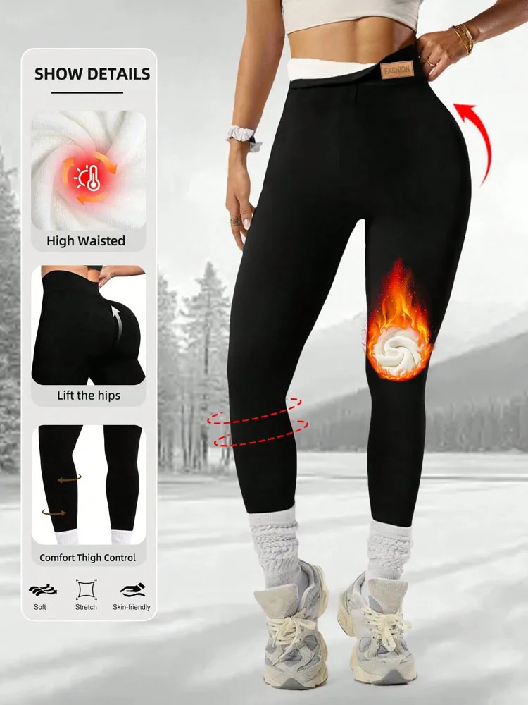 เลกกิ้งกำมะหยี่หนานุ่มสำหรับผู้หญิง สีพื้น ผ้าฟลีซหนา กางเกงเอวสูง กันหนาว ถุงน่องลำลอง สไตล์สตรีทแวร์