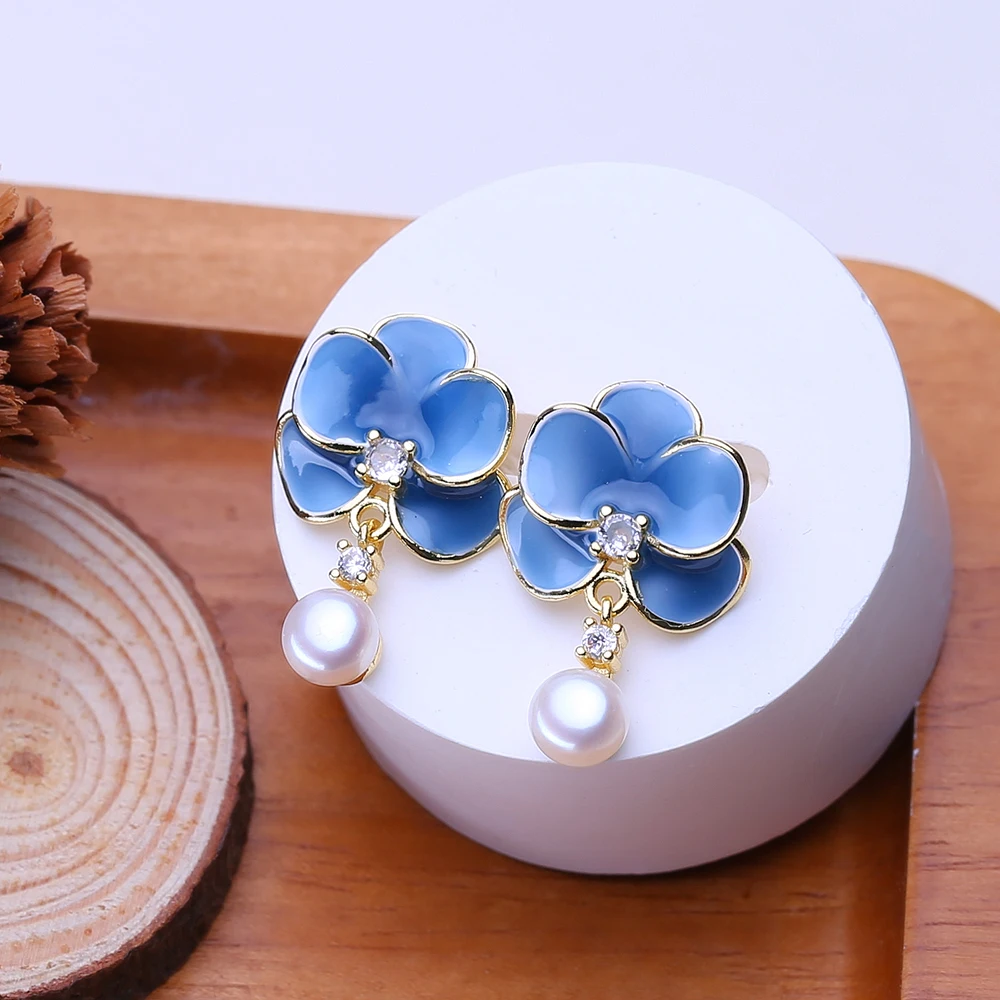 FENASY Freshwater Pearl 925 Sterling Silver Blue Flower Stud Earrings Wedding Jewelry Birthday Anniversary Gifts For Women