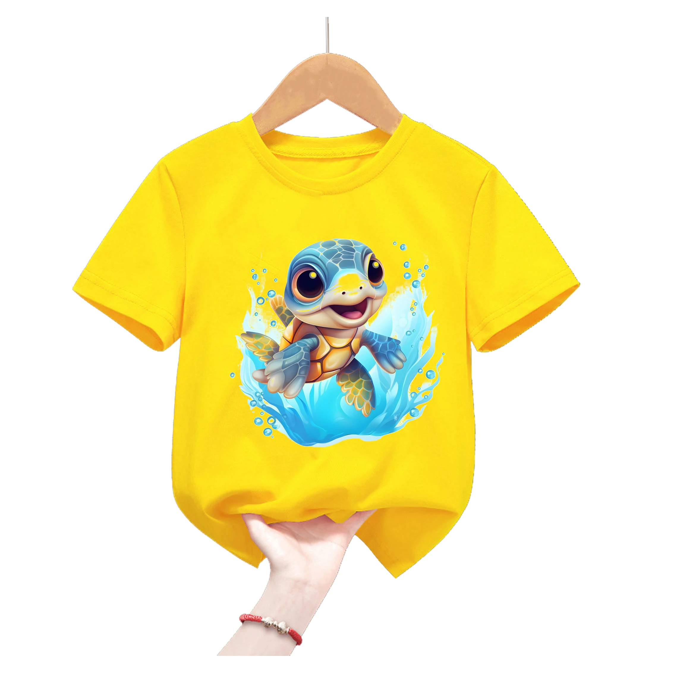 

2024 Hot Sale Funny Sea Turtle Print Yellow Tshirt For Girls/Boys Summer Fashion Kawaii Kids Clothes 2-10 Years T-Shirt