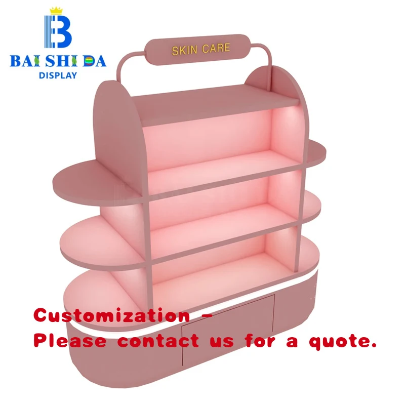 custom.Custom Pink LED Light Multi-Tier Beauty Display Shelf with Drawer Skincare Cosmetic Cabinet Retail Shop