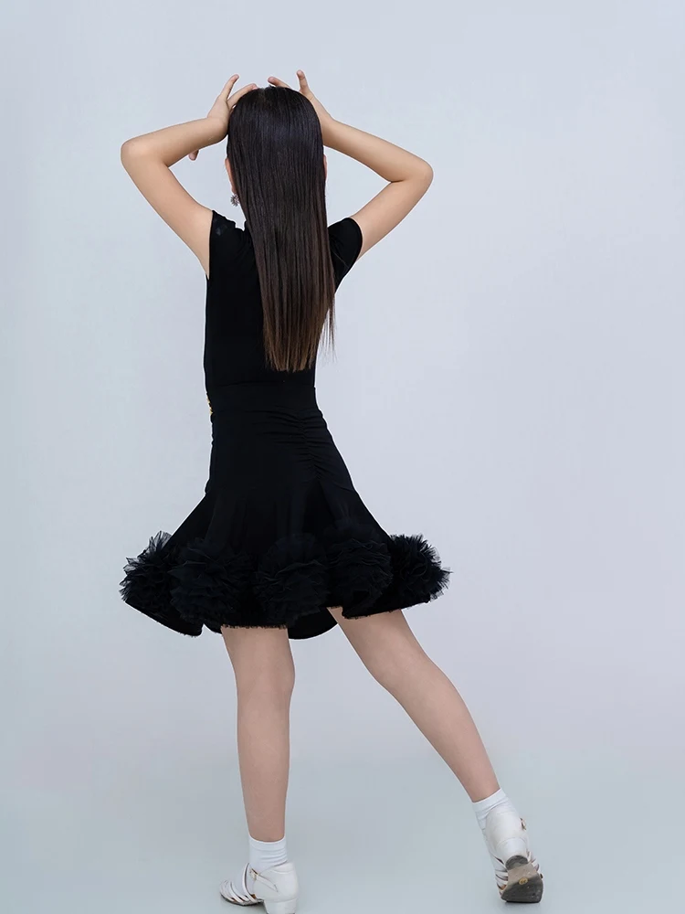 Vestido de dança latina para meninas, gola alta, renda, saia grande, manga curta, samba chacha, roupa de competição latina dn21785