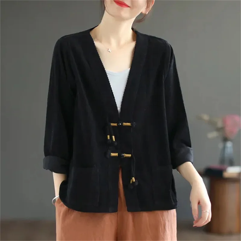 

2026 Fashion Vintage Frog Button Spring Autumn Jacket Woman's Coat V-Neck Loose Long Sleeved Corduroy Casual Jacket Top Female