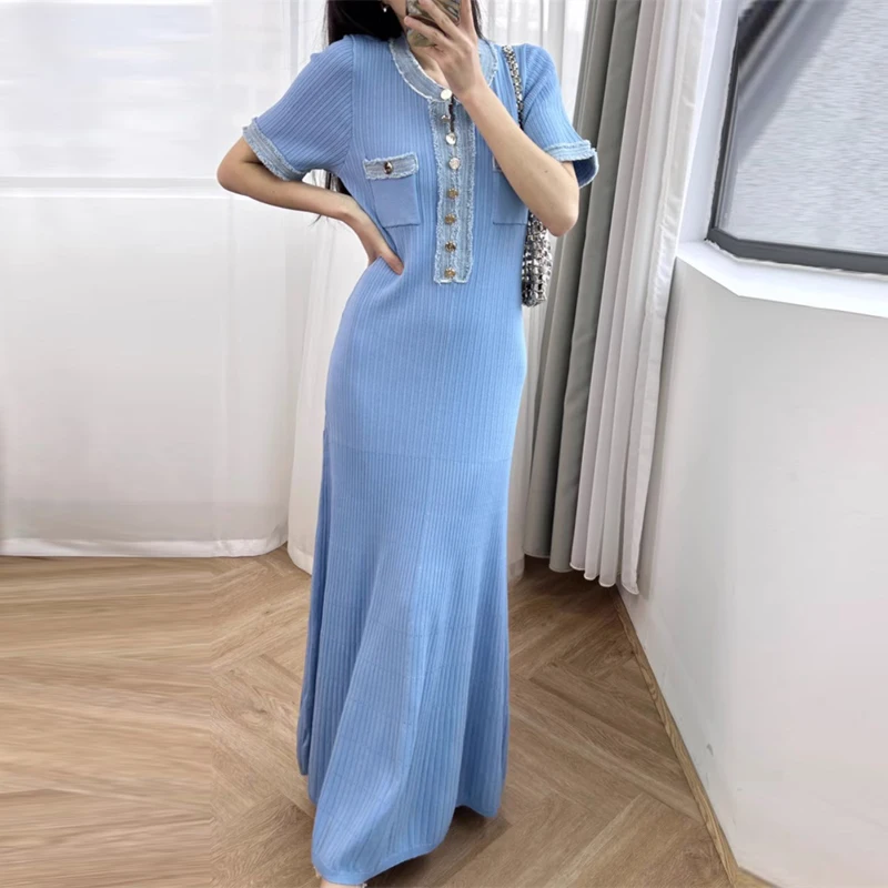 YuooMuoo Chic Fashion Wrap Hips Knitted Maxi Dress Women Elegant Metal Button Patchwork O-neck Long Sweater Dress Party Robes