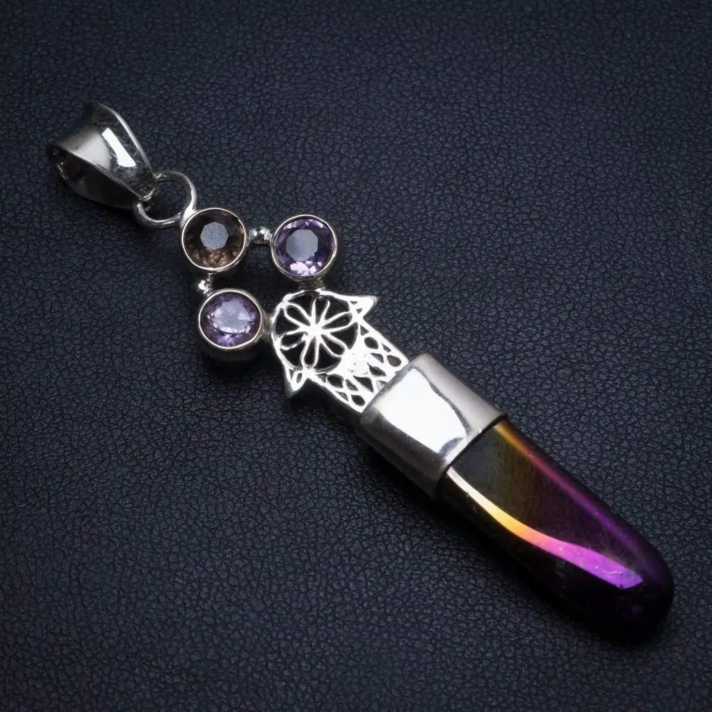 StarGems® Natural Rainbow Dichroic Glass and Amethyst Unique 925 Sterling Silver Pendant 2 1/2