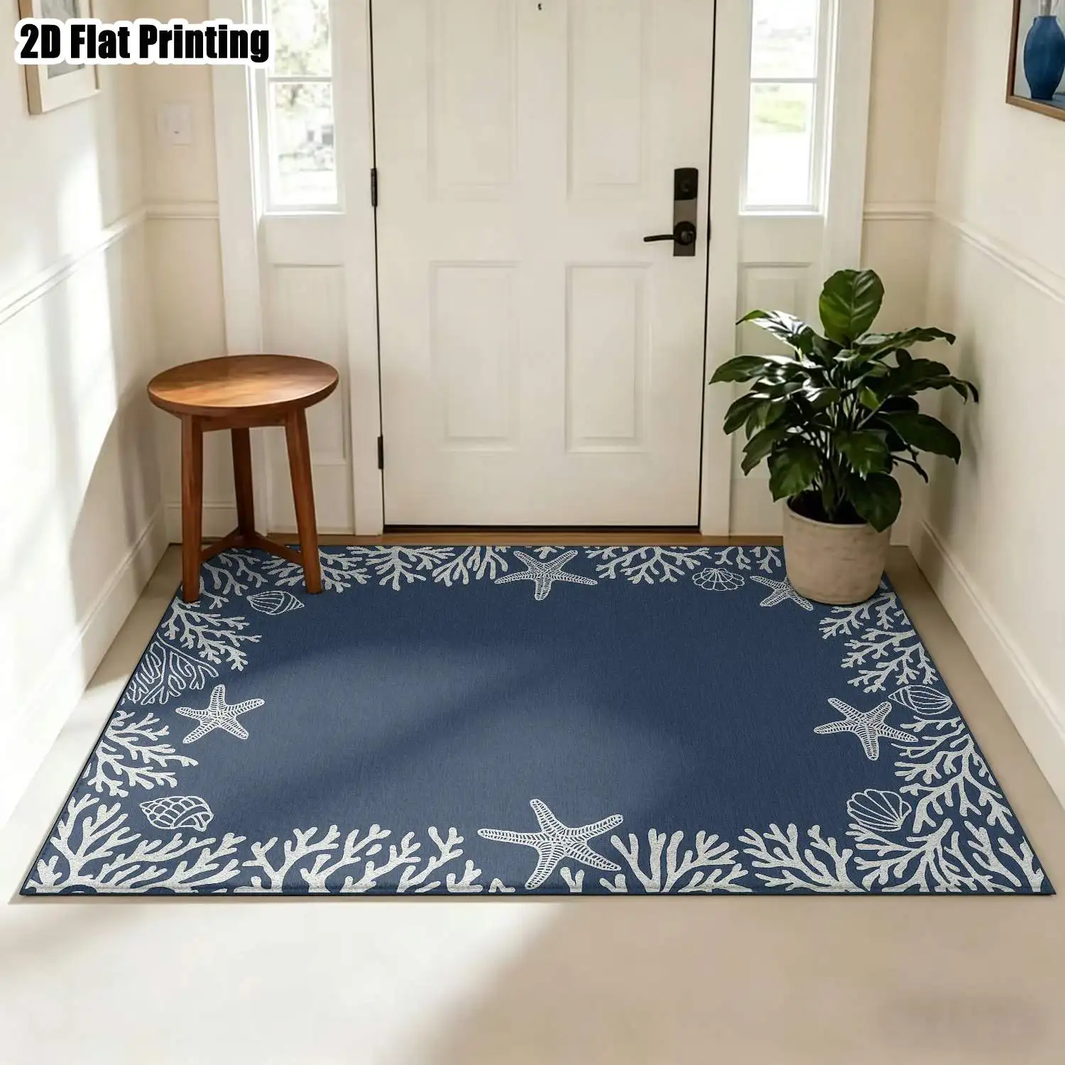 1Pc 2D Printed Carpet: Deep Blue White Coral Star Pattern, Nordic/Instagram Influencer Style, Modern Simple Vintage European Floor Mat, Home Decor, Multi-Size, Machine Washable, for Entrance, Dining, Foyer, Bedroom, Living Room