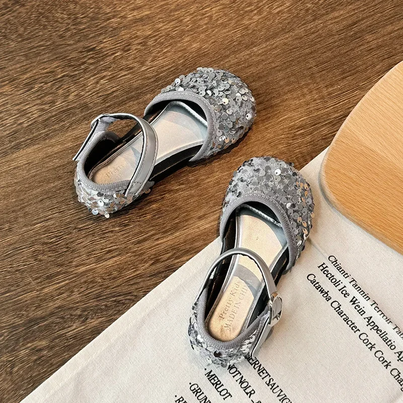 2024 Summer New Sandals Girls Comfortable Children's Shoes Sequins Versatile Fashion Wear-Resistant Non-Slip Princess Shoes