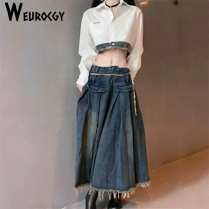 2023 Summer Korean Edition New Style Vintage Denim Woman Skirt Sexy High Waist Fashion Casual Loose A-line Half Skirt Set Trend