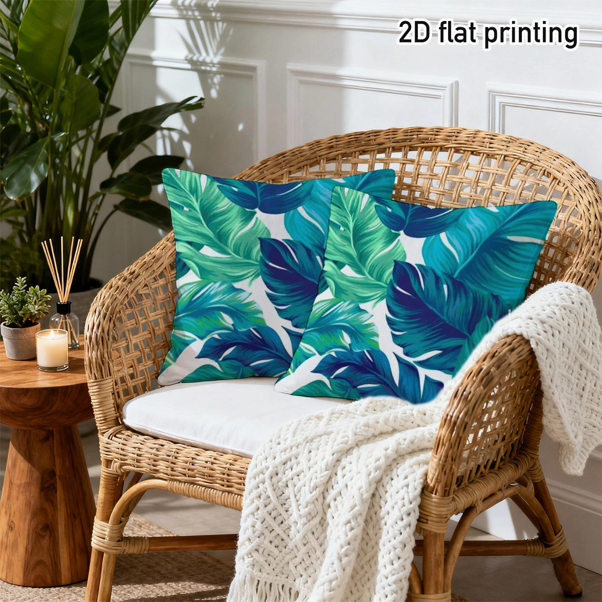 2pc Tropical Palm Leaf Throw Pillow Covers Set of 2, 2D Flat Printed Outdoor Decorative Cushion Cases for Patio Porch
