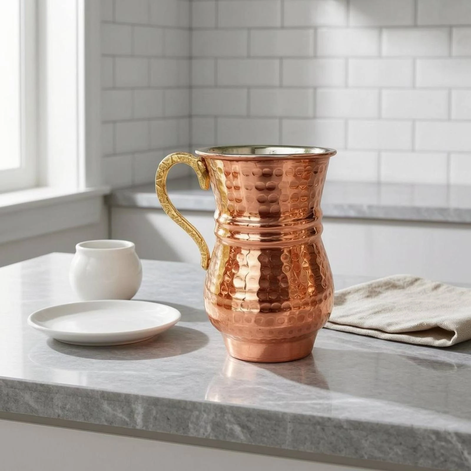 

2 Pieces Hammered Copper Jug Looped Handles Hammered Copper Vessel Metal Serving Pot Flared Rim Tableware Waisted Shape