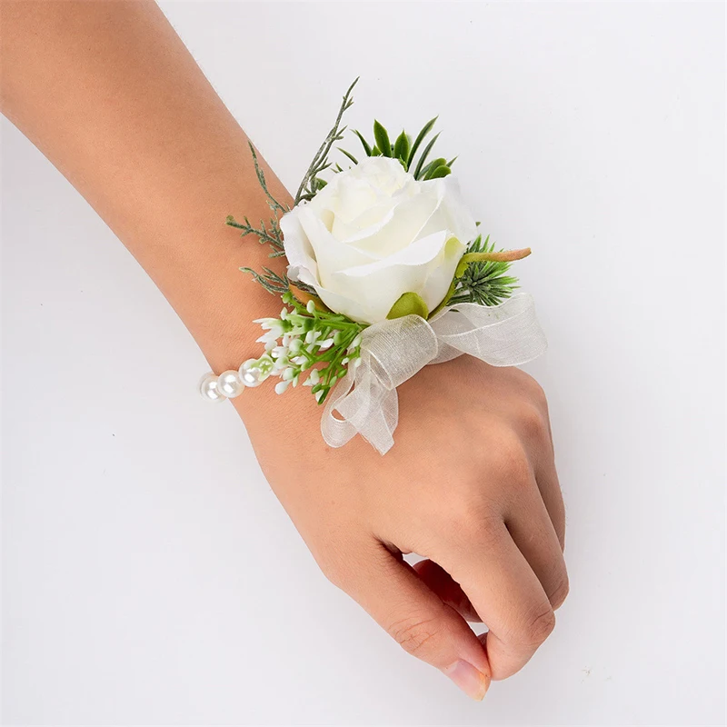 Pulsera elegante de flores y rosas para dama de honor, brazalete de perlas y flores para boda y fiesta