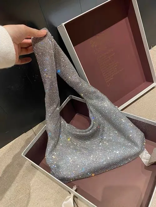 Luxury Diamonds Basket Bag Shinny Rhinestone Shoulder Crossbody Bag Evening Party Bucket Purse Women Crystal Shoulder Bag